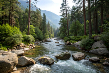 A clear stream flowing through a forested valley