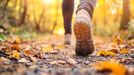 Close-up of a person walking in a forest with sunlight streaming through the trees highlighting the serene surroundings, perfect for nature and hiking themes