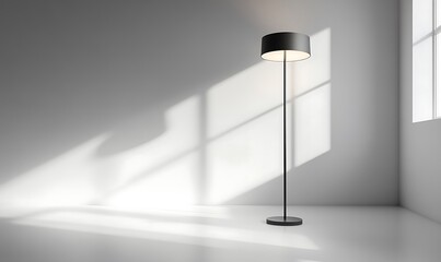 A modern floor lamp stands in a minimalist room, casting soft shadows.