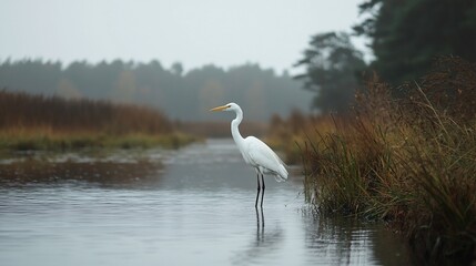 Fototapeta premium Great egret wading in calm river, foggy autumn day.
