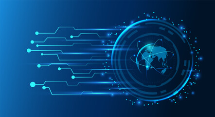 Global network futuristic technology connection concept. Abstract background with world map, electronic circuit board and glowing lines.
