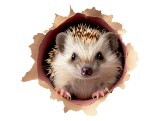 Hedgehog Emerging From Hole in Torn Burgundy Paper Background