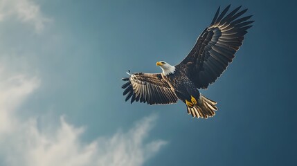 Obraz premium Majestic Bald Eagle Soaring Through A Cloudy Sky