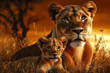 Fototapeta premium Heartwarming representation of a lioness and her playful cub in the wild.