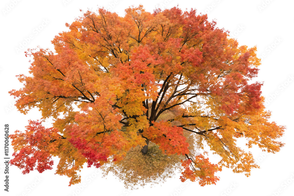 Poster an aerial view of a tree with golden-red foliage, radiating warmth and showcasing the peak of its au