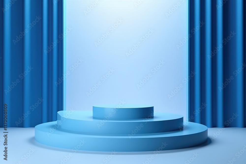 Poster blue podium with soft lighting against a blank background for product display or presentation in a s