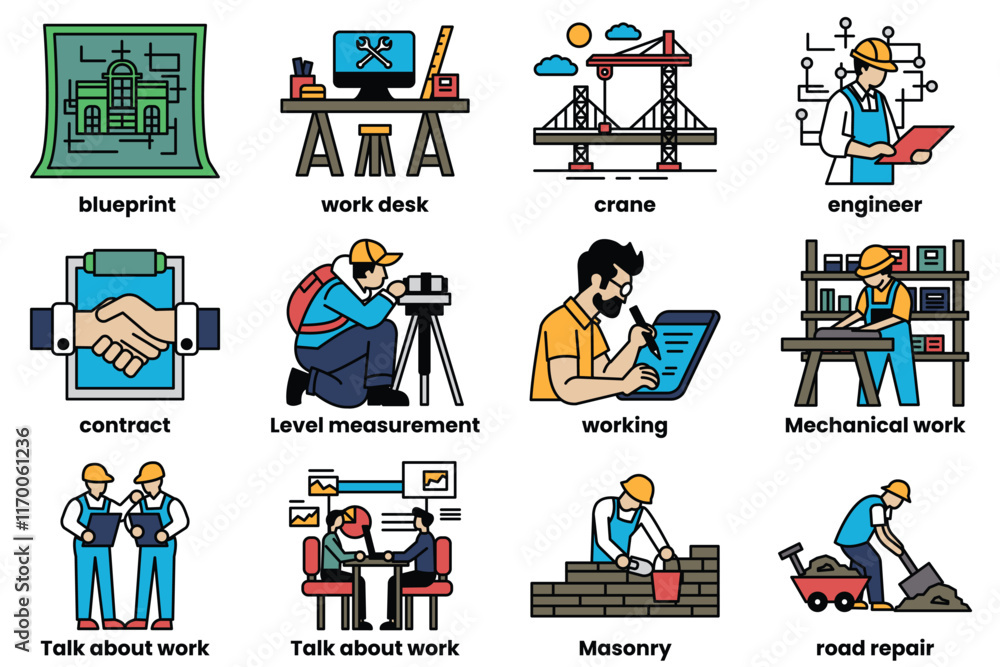 Poster set of illustrations in mechanics concept in line drawing style