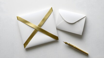 Elegant White Envelope with Gold Ribbon Pen Stationery