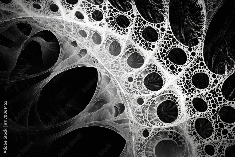Poster abstract swirl patterns in white on a black backdrop.
