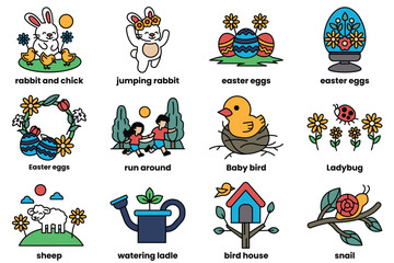 Set of illustrations in Easter concept in line drawing style