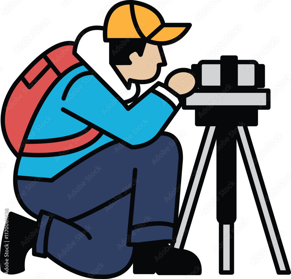 Poster a man is crouching down and looking at a camera