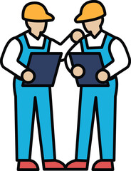 Two men in blue work clothes are holding papers and looking at each other