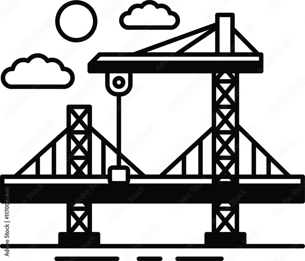 Poster a large crane is lifting a large object over a bridge
