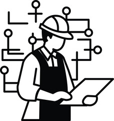 A man in a hard hat is looking at a piece of paper