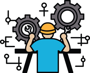 A man is working on a machine with a wrench in his hand