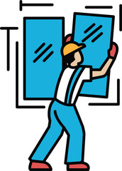 A man in blue work clothes is holding a window frame