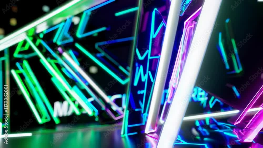 Poster futuristic neon light installation with glowing geometric shapes and vibrant colors, creating a dyna