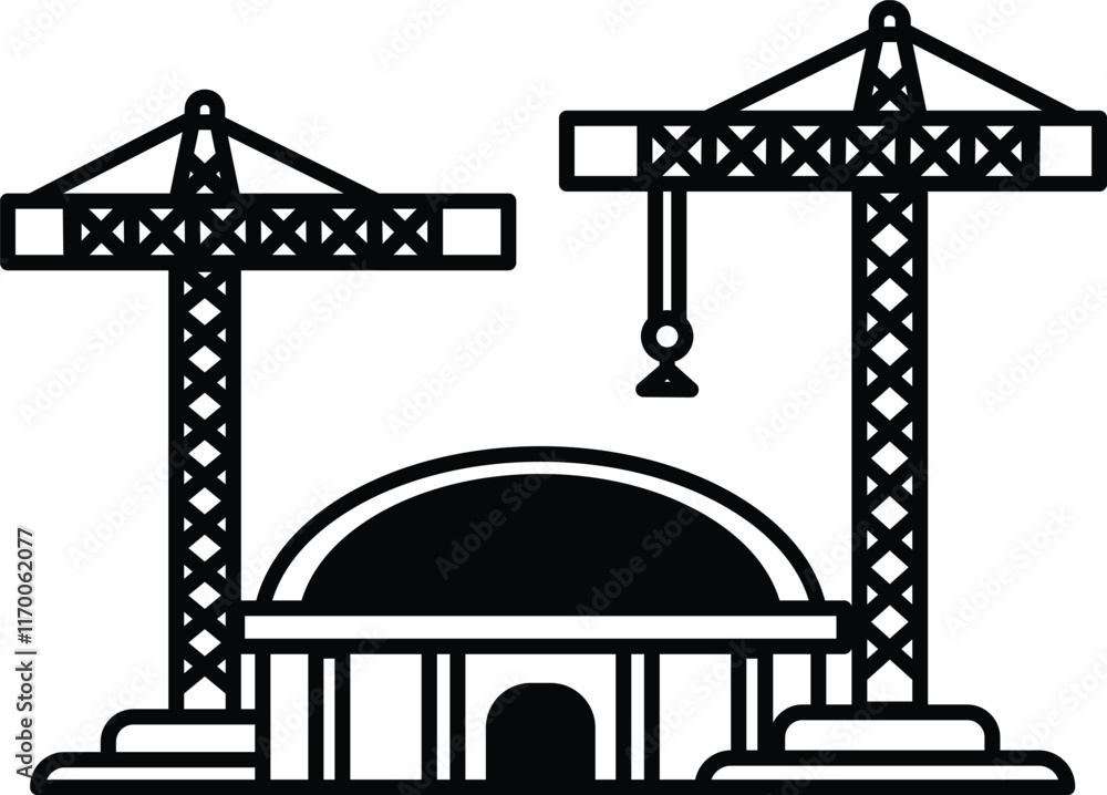 Poster a large building with two cranes in front of it