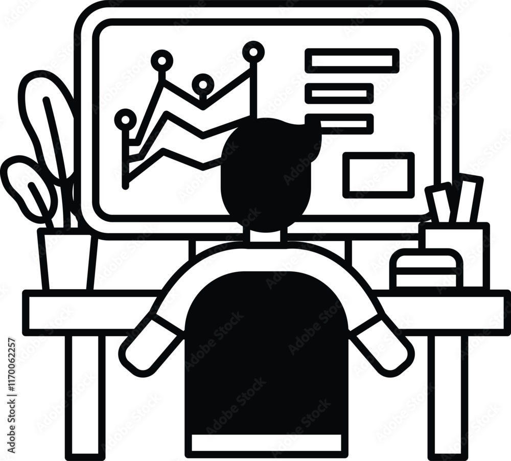 Poster a man is sitting at a desk in front of a computer monitor