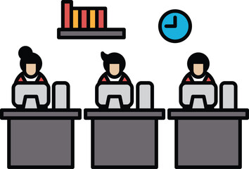 Three people are sitting at desks in a cubicle