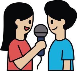 Fototapeta premium Two cartoon characters are holding microphones and smiling