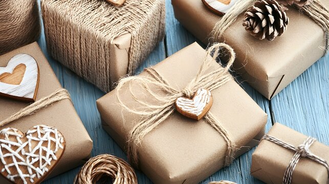 Rustic Brown Gift Boxes Twine Hearts Pine Cone Eco Friendly Packaging