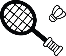 A tennis racket and a shuttlecock are shown in a black and white drawing