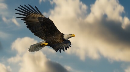 Obraz premium Majestic Bald Eagle Soaring Through Cloudy Skies