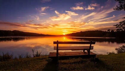 Sunset Reflection_A silhouette of a bench overlooking a tranquil lake at sunset