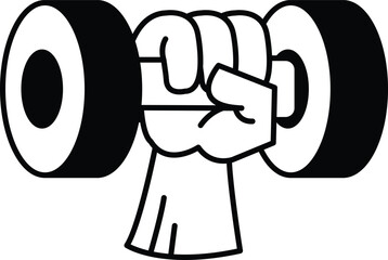 A black and white drawing of a hand holding a dumbbell with the letter O on the