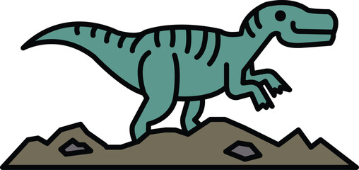 A cartoon dinosaur is walking on a rocky hill