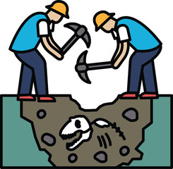 Two men are digging in the dirt and one of them is holding a pickaxe