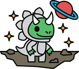 A cartoon dinosaur is wearing a costume and standing on a rocky surface