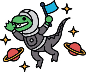A cartoon of a green lizard in a spacesuit holding a flag