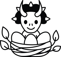 A cartoon of a baby with horns on its head and a basket of eggs