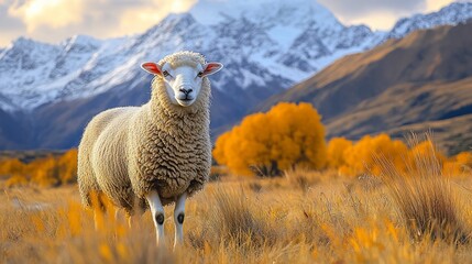 Fototapeta premium Sheep Standing in Autumn Field Mountain Background