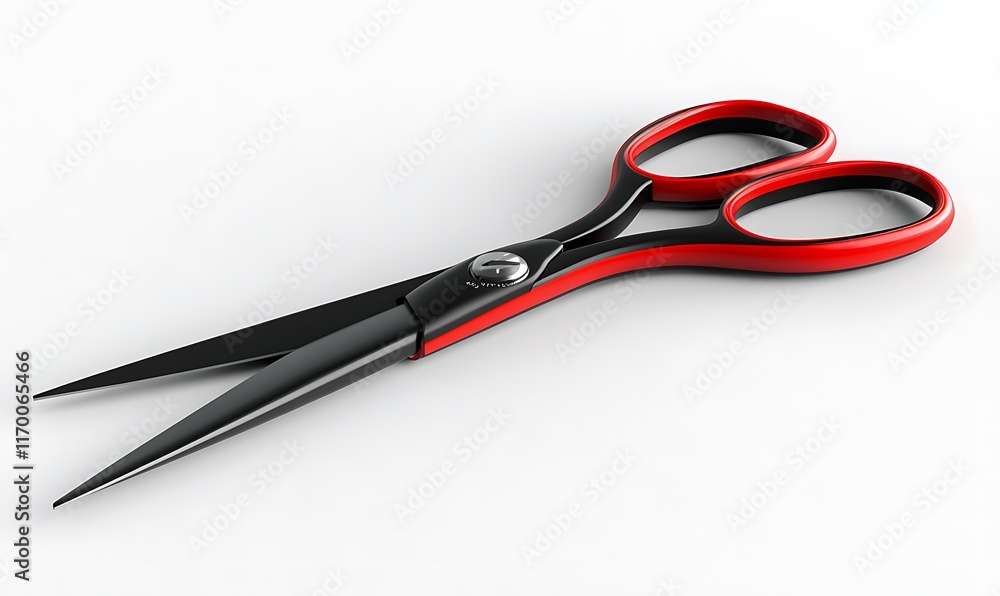 Poster a pair of black and red scissors designed for cutting various materials.
