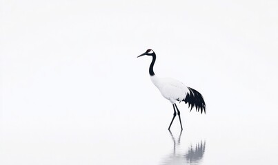 Obraz premium Red-crowned crane walking, snowy wetland, Japan, serene nature, wildlife poster