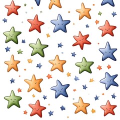 Obraz premium A cheerful and colorful seamless pattern featuring cartoon stars in various shades of red, orange, yellow, green, and blue.