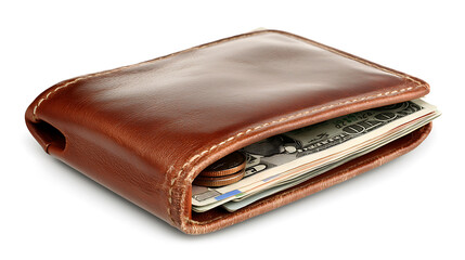 brown leather wallet filled with cash and coins, showcasing its sleek design and functionality