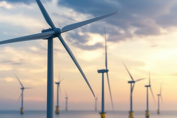 Fototapeta premium Renewable energy impacts oil prices. Wind turbines against a sunset sky over the ocean.