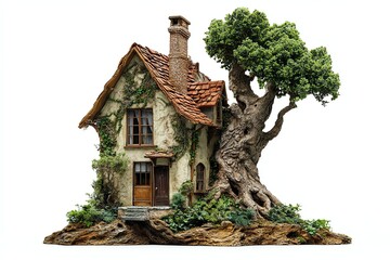 Fototapeta premium A whimsical house entwined with greenery, featuring a large, sturdy tree, showcasing nature's harmony with architecture.