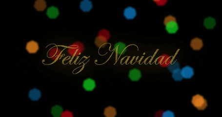 Image of feliz navidad and multicolored lens flares over black background