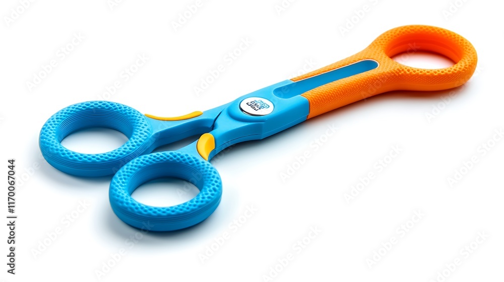 Poster a pair of safety scissors designed for children with colorful handles.
