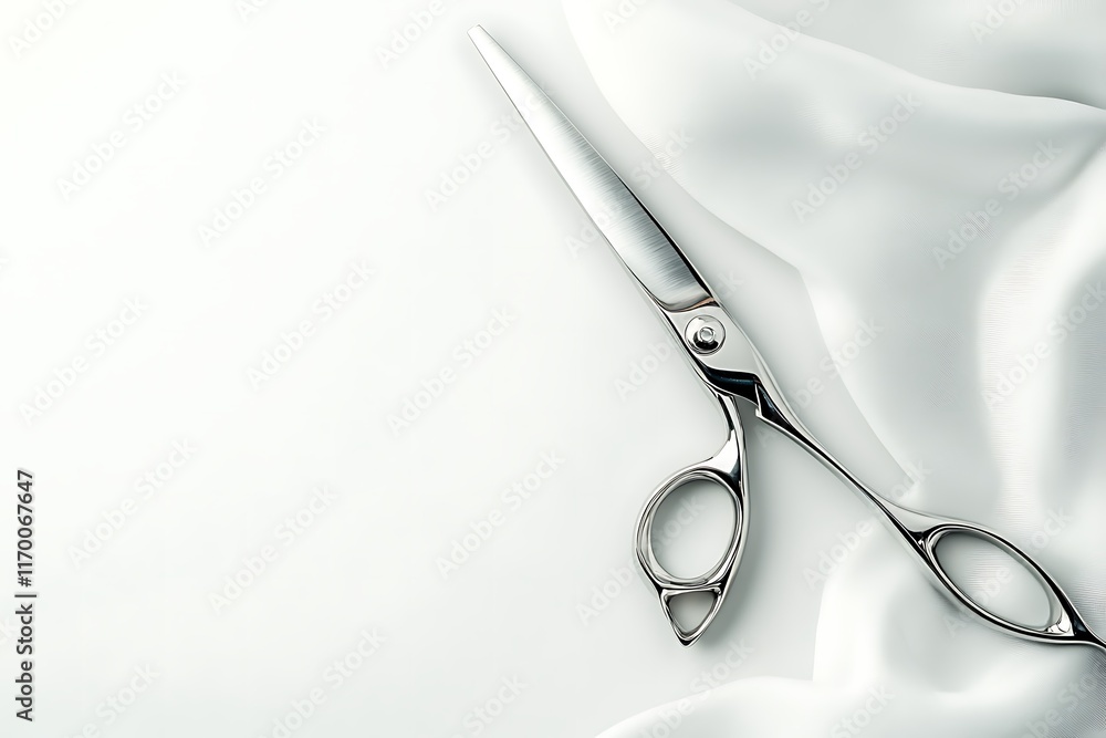Poster a pair of shiny scissors resting on a smooth, white fabric background.