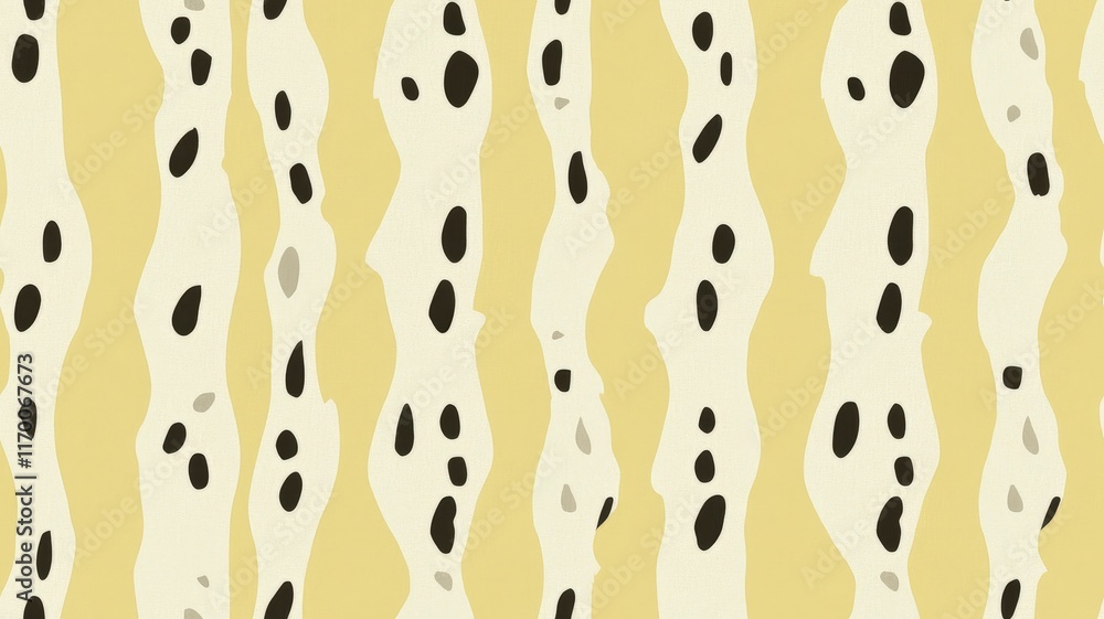 Poster abstract seamless pattern with wavy lines and black spots on a light yellow background for creative 