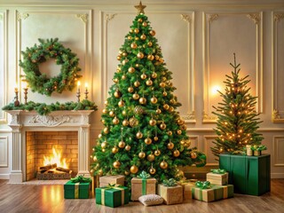 Winter wonderland panoramic:  Christmas tree, crackling fire, presents, holiday decor, New Year's Eve magic.