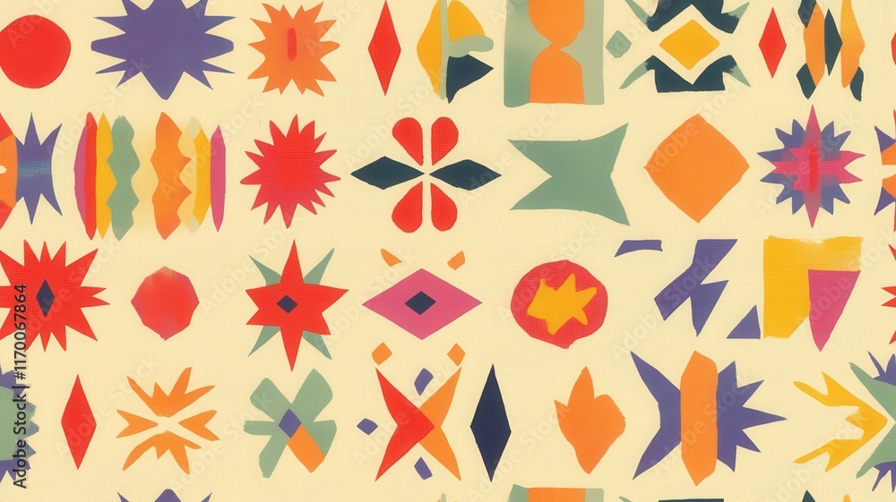 Poster colorful geometric patterns with vibrant shapes and textures on a cream background for modern design