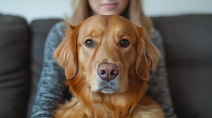 A golden retriever sitting calmly with a person.