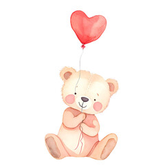 Obraz premium Watercolor illustration of a cute teddy bear holding a heart balloon. floating in the air white background png